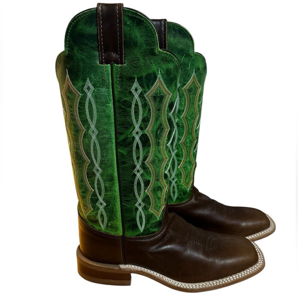 NWOT Justin BRL38Z Men’s 9.5 B Western Boots Green Brown Leather Square Toe USA